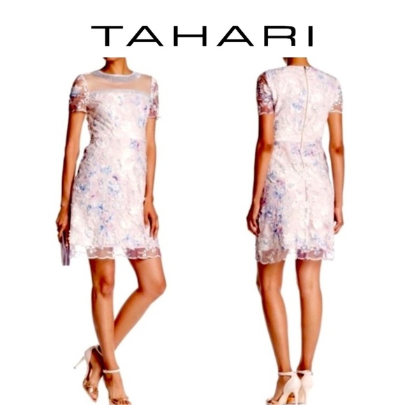 👛 T Tahari Laura Dress Floral Embroidered Lace Overlay Size 14 👗🌸 - Picture 2 of 7